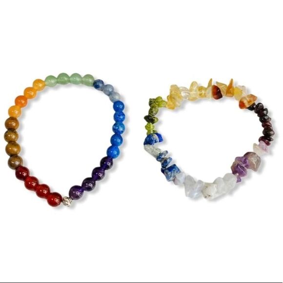 Rainbow Gemstone Bead Stretch Bracelet Set 2pcs - Picture 3 of 7